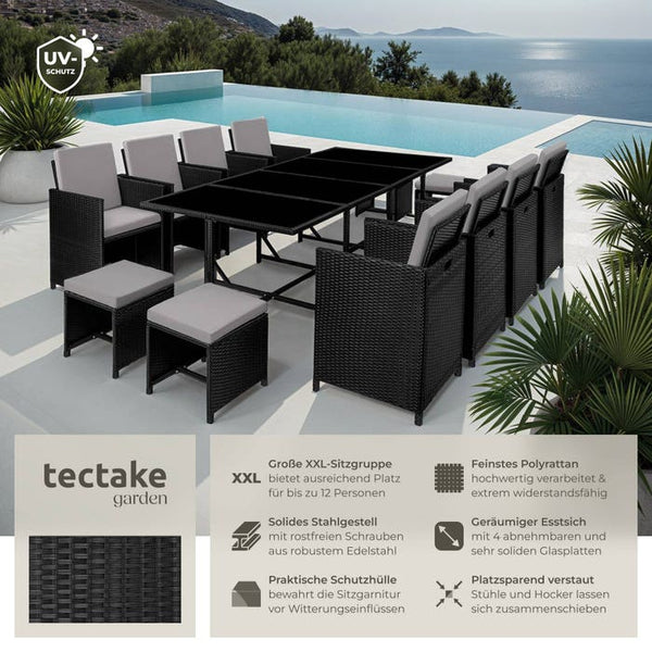 Rattan Sitzgruppe Palma 8+4+1 mit Schutzhülle schwarz/grau