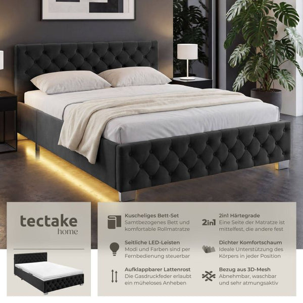 Bettset Polsterbett mit LED und Matratze Samtoptik schwarz 140 x 200 cm