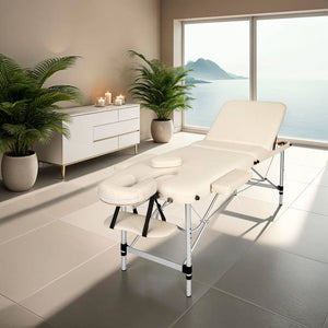 3 Zonen Massageliege mit 5cm Polsterung, Rollen und Aluminiumgestell beige