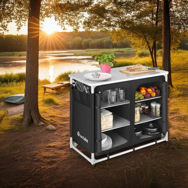 Campingschrank Deluxe mit Aluminiumgestell und 6 Fächern schwarz