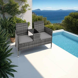 Rattan Gartensitzbank mit Tisch grau/hellgrau