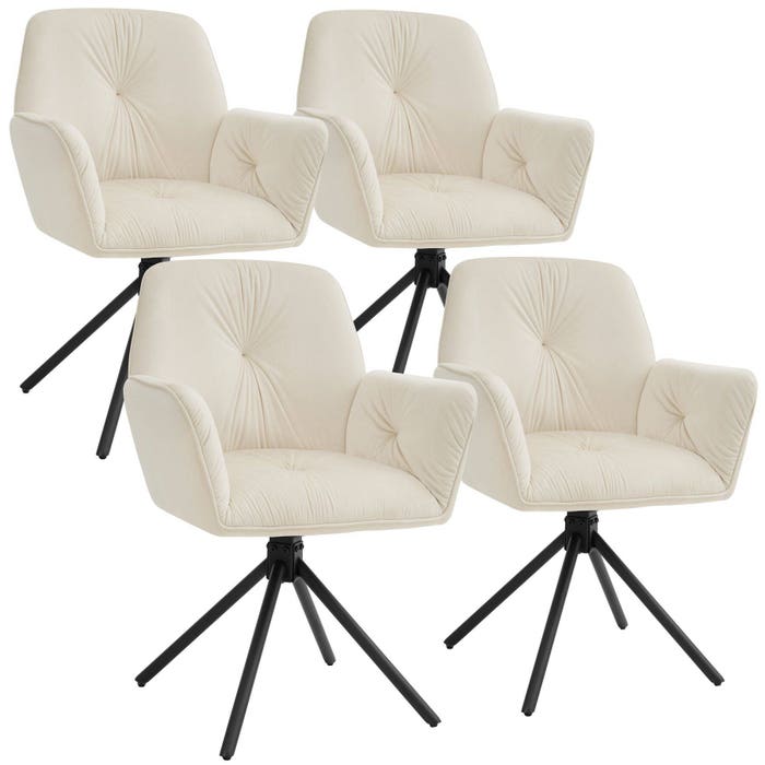 Fauteuil pivotant Lenia, aspect velours, crème/noir, lot de 4 