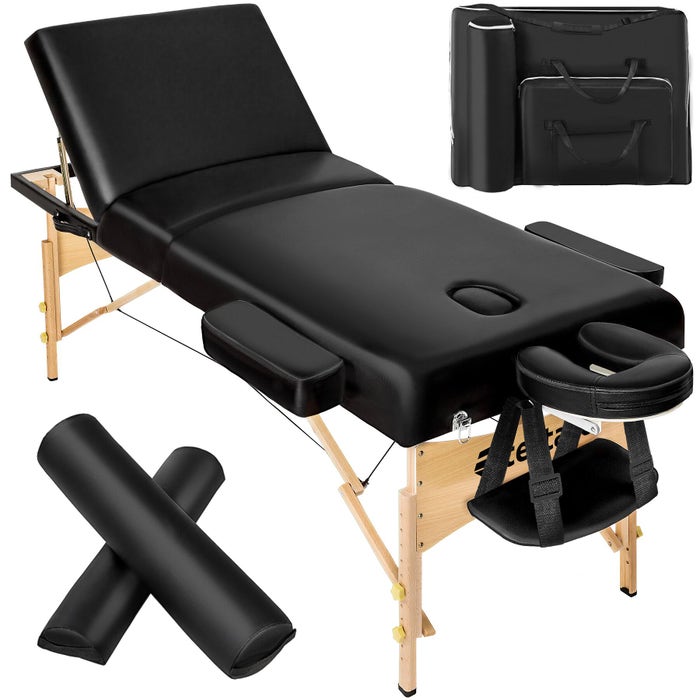 Set lettino da massaggio a 3 zone Somwang con imbottitura da 7,5 cm, ruote e struttura in legno, nero
