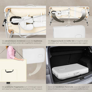 3 Zonen Massageliege mit 5cm Polsterung, Rollen und Aluminiumgestell weiss