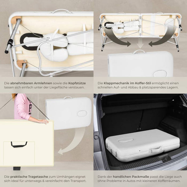 3 Zonen Massageliege mit 5cm Polsterung, Rollen und Aluminiumgestell weiss