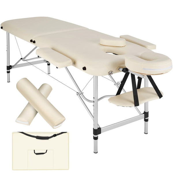 Lettino da massaggio a 2 zone con imbottitura, rulli massaggianti e struttura in alluminio - beige