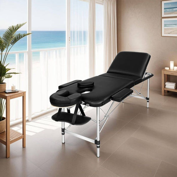 3 Zonen Massageliege mit 5cm Polsterung und Aluminiumgestell schwarz