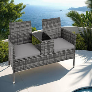 Rattan Gartensitzbank mit Tisch grau/hellgrau