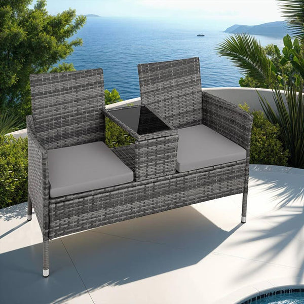 Rattan Gartensitzbank mit Tisch grau/hellgrau