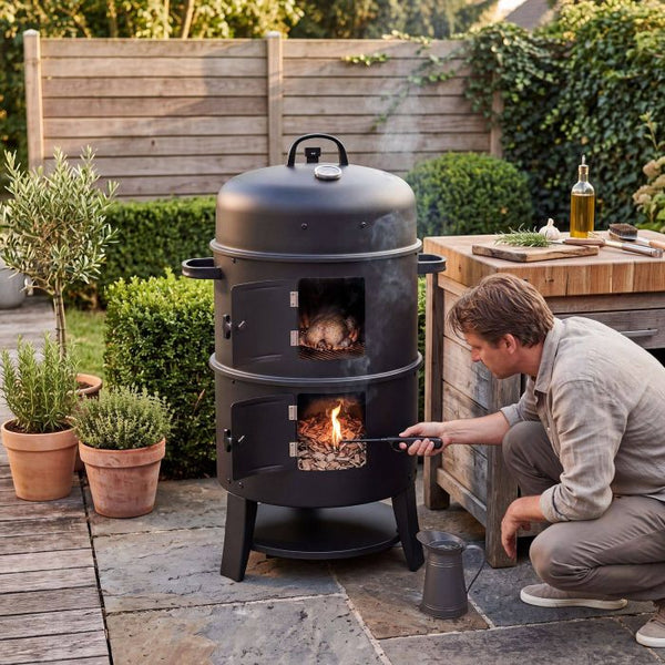 Räuchertonne 3in1 mit 2 Grillrosten und Thermometer schwarz