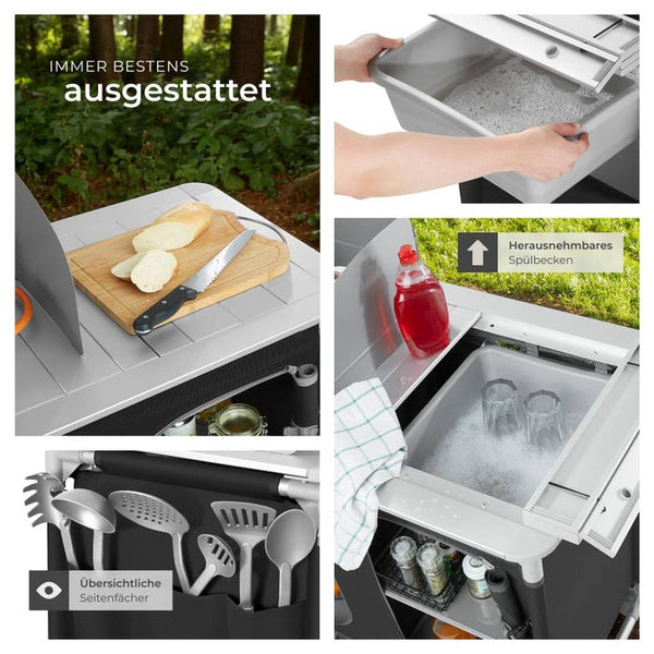 Luxury camping kitchen with 4 compartments, black