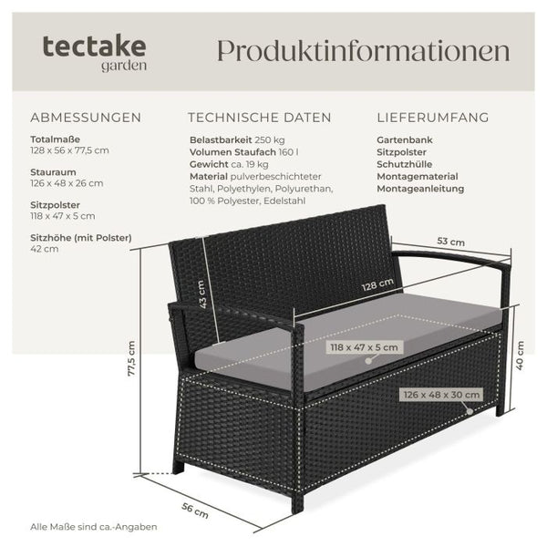 Rattan-Gartenbank Vecchia 2-Sitzer mit Stauraum schwarz