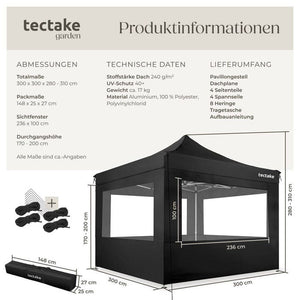 Faltbarer Garten Pavillon 3x3m mit 4 Seitenteilen schwarz