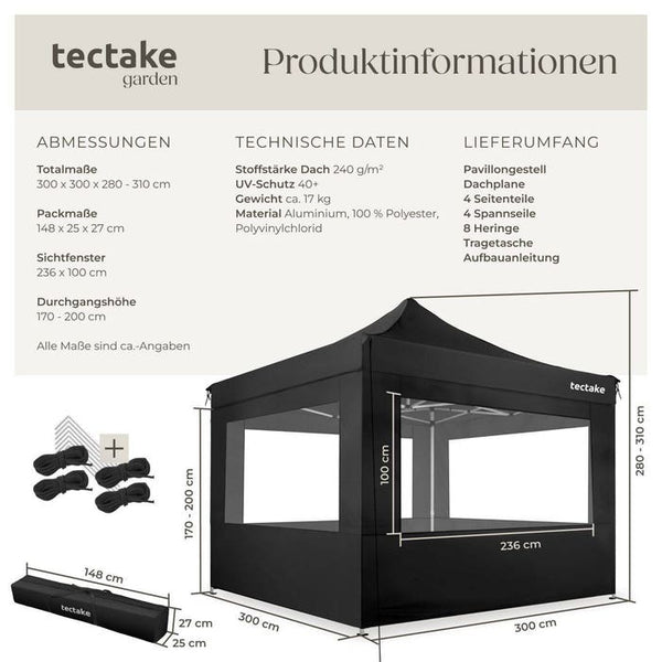 Faltbarer Garten Pavillon 3x3m mit 4 Seitenteilen schwarz
