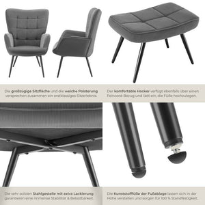 Sessel Hygge gepolstert, ergonomisch, Belastbarkeit 150 kg Feincord anthrazit/schwarz mit Hocker