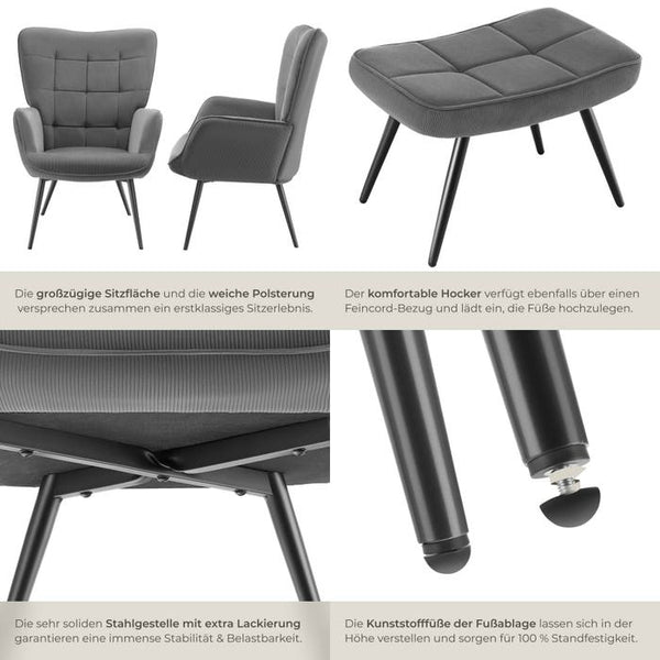 Sessel Hygge gepolstert, ergonomisch, Belastbarkeit 150 kg Feincord anthrazit/schwarz mit Hocker