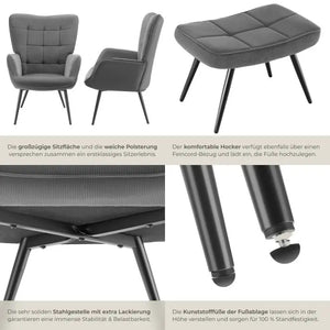 Sessel Hygge mit Hocker Feincord anthrazit/schwarz