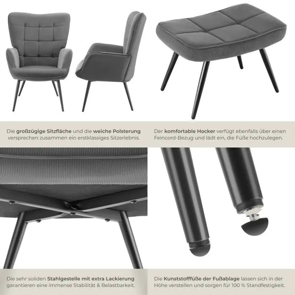 Sessel Hygge mit Hocker Feincord anthrazit/schwarz