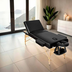 3 Zonen Massageliege-Set Somwang mit 7,5cm Polsterung, Rollen und Holzgestell schwarz
