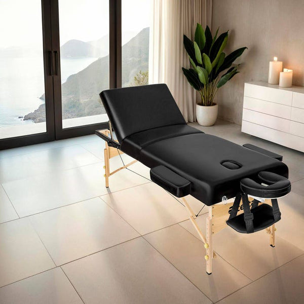3 Zonen Massageliege-Set Somwang mit 7,5cm Polsterung, Rollen und Holzgestell schwarz