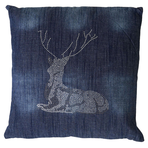 Deko-Kissen Hirsch Sofakissen Zierkissen mit Füllung Glitzersteine 45x45cm blau