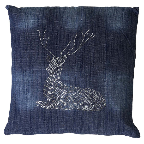 Deko-Kissen Hirsch Sofakissen Zierkissen mit Füllung Glitzersteine 45x45cm blau