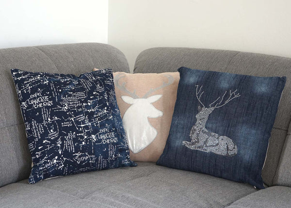 Deko-Kissen Hirsch Sofakissen Zierkissen mit Füllung Glitzersteine 45x45cm blau