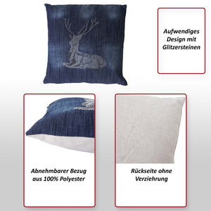 Deko-Kissen Hirsch Sofakissen Zierkissen mit Füllung Glitzersteine 45x45cm blau