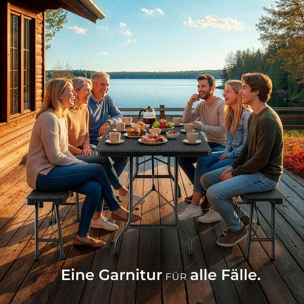 Campingtischgarnitur klappbar schwarz-Rattanoptik