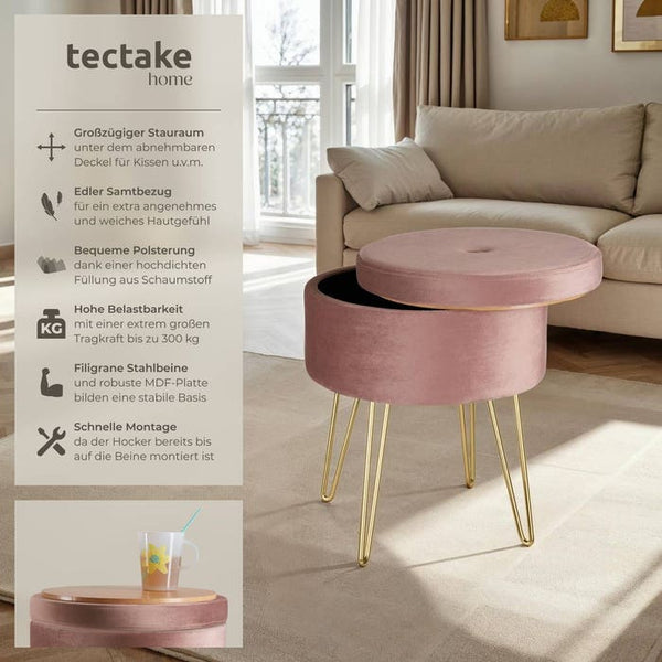Sitzhocker Ava gepolstert in Samtoptik 300kg mit Stauraum - rosa