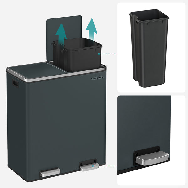 Doppel-Mülleimer Abfalleimer Absenkautomatik 60L Metall Rauchgrau