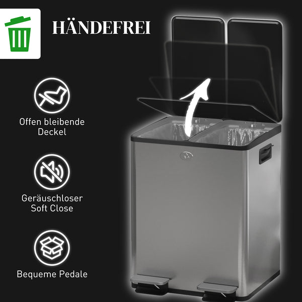 Doppelmülleimer mit Pedal für Küche 2x20L Edelstahl