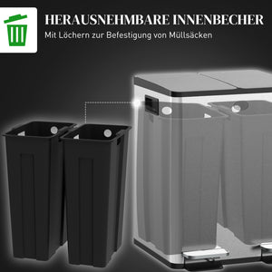 Doppelmülleimer mit Pedal für Küche 2x20L Edelstahl