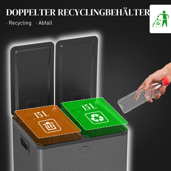 Doppelmülleimer mit Pedal 30L Edelstahl schwarz