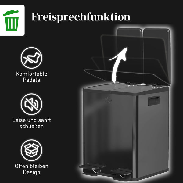 Doppelmülleimer mit Pedal 40L Edelstahl Kunststoff schwarz