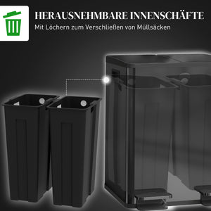 Doppelmülleimer mit Pedal 40L Edelstahl Kunststoff schwarz