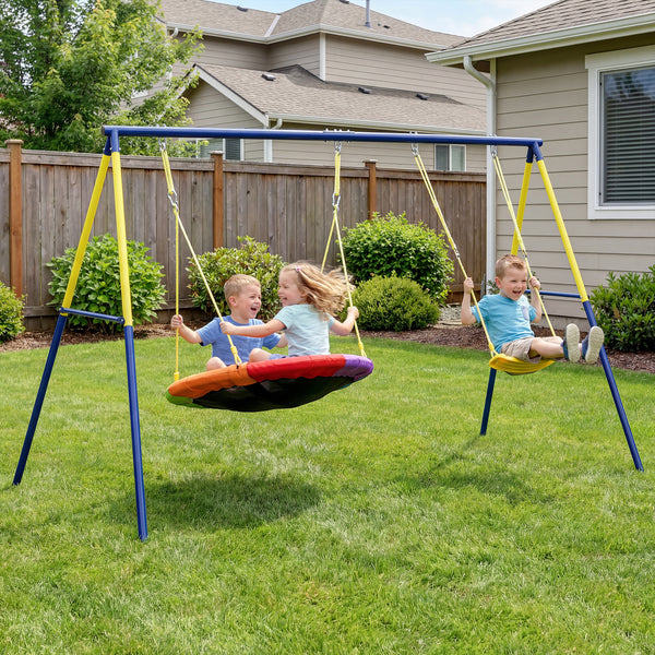 Doppelschaukel mit Nestschaukel und Gurtschaukel für Kinder 3-8 Jahre