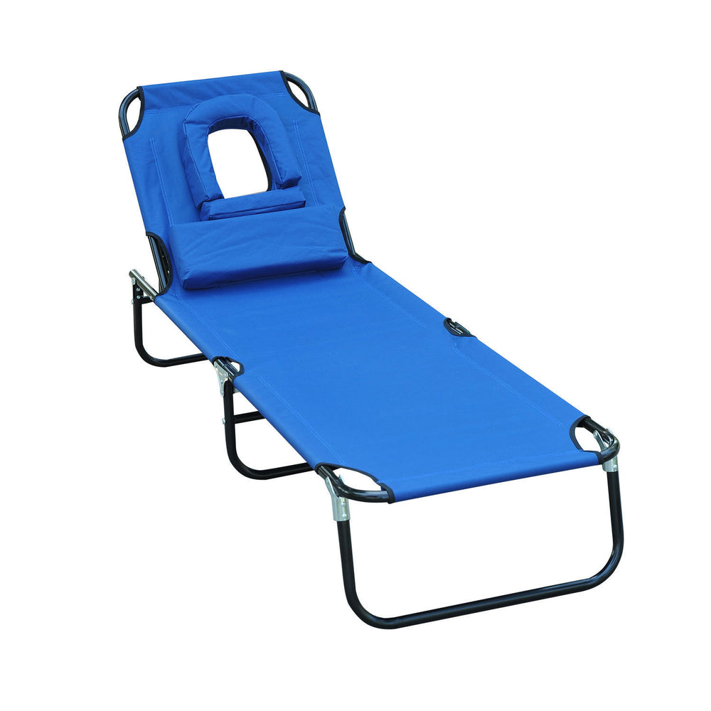 Sedia a sdraio a tre gambe con finestra per la lettura, blu