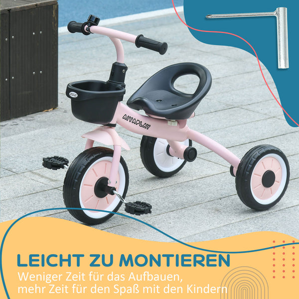 Dreirad Kinderfahrzeug verstellbarer Sitz mit Fahrradkorb & Klingel Rosa