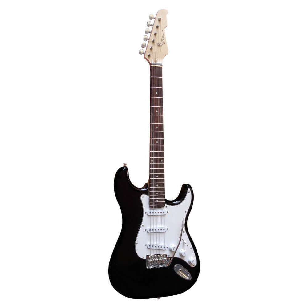 Chitarra elettrica in legno massello, nera, con cavo