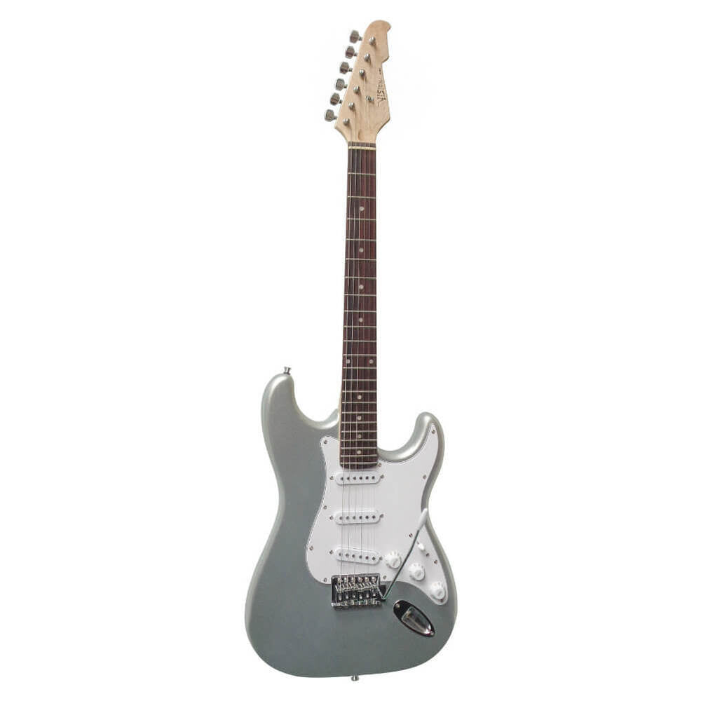 Chitarra elettrica in legno massello, argento, con cavo