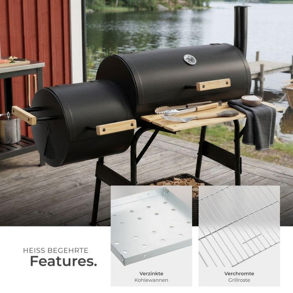 Holzkohlegrill Smoker 2in1 mit Thermometer schwarz