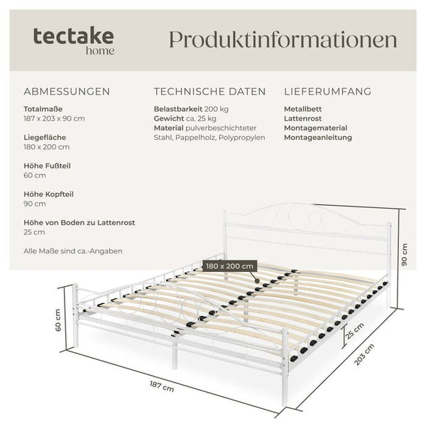 Metallbett mit Lattenrost im romantischen Design weiss/weiss 200 x 180 cm