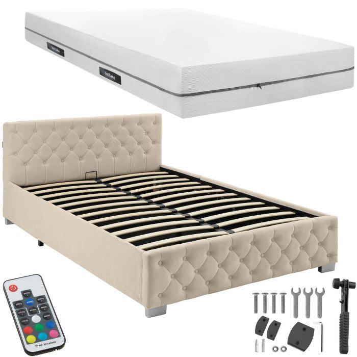 Bettset Polsterbett mit LED und Matratze Samtoptik sand 140 x 200 cm
