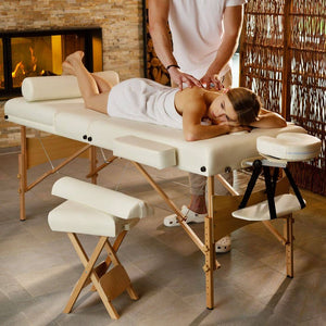 3 Zonen Massageliege-Set Somwang mit 7,5cm Polsterung, Rollen und Holzgestell beige