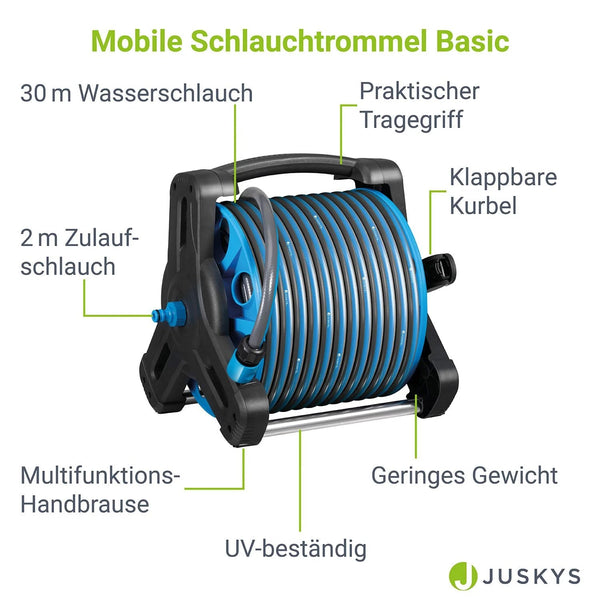 Mobile Schlauchtrommel Basic 30 m in Blau Mit Multifunktions-Handbrause