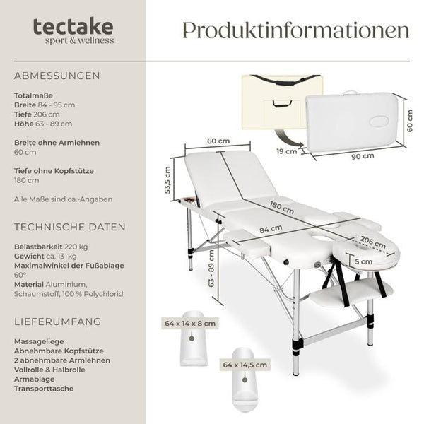 3 Zonen Massageliege mit 5cm Polsterung, Rollen und Aluminiumgestell weiss