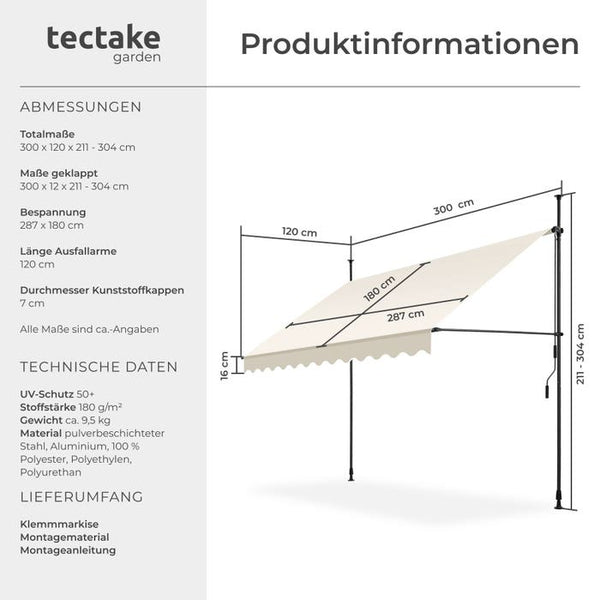 Klemmmarkise beige 300 x 180 cm