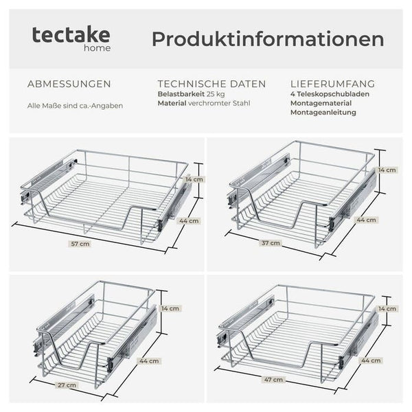 4 Teleskopschubladen für Küchen- und Schlafzimmerschränke 37 cm
