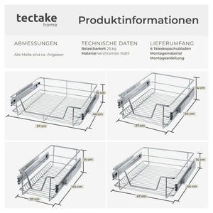 Teleskopschublade verchromt grau für 40 cm Schränke, 4er Set